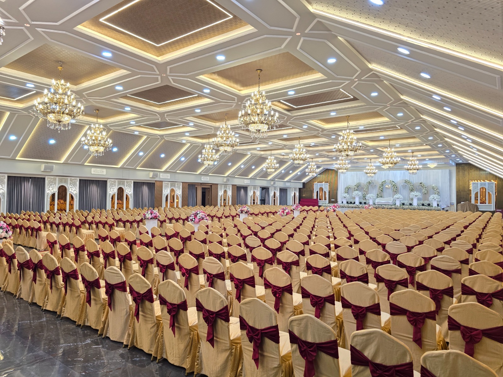 Banquet seating and chandeliers